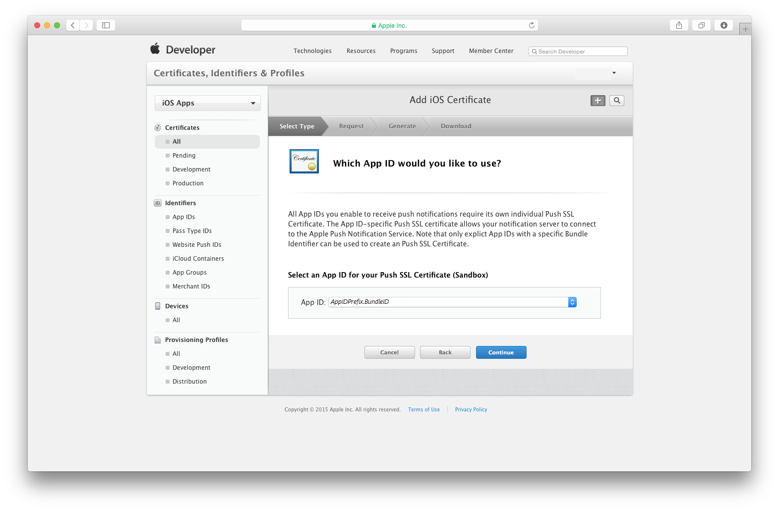 Select the new App ID just created