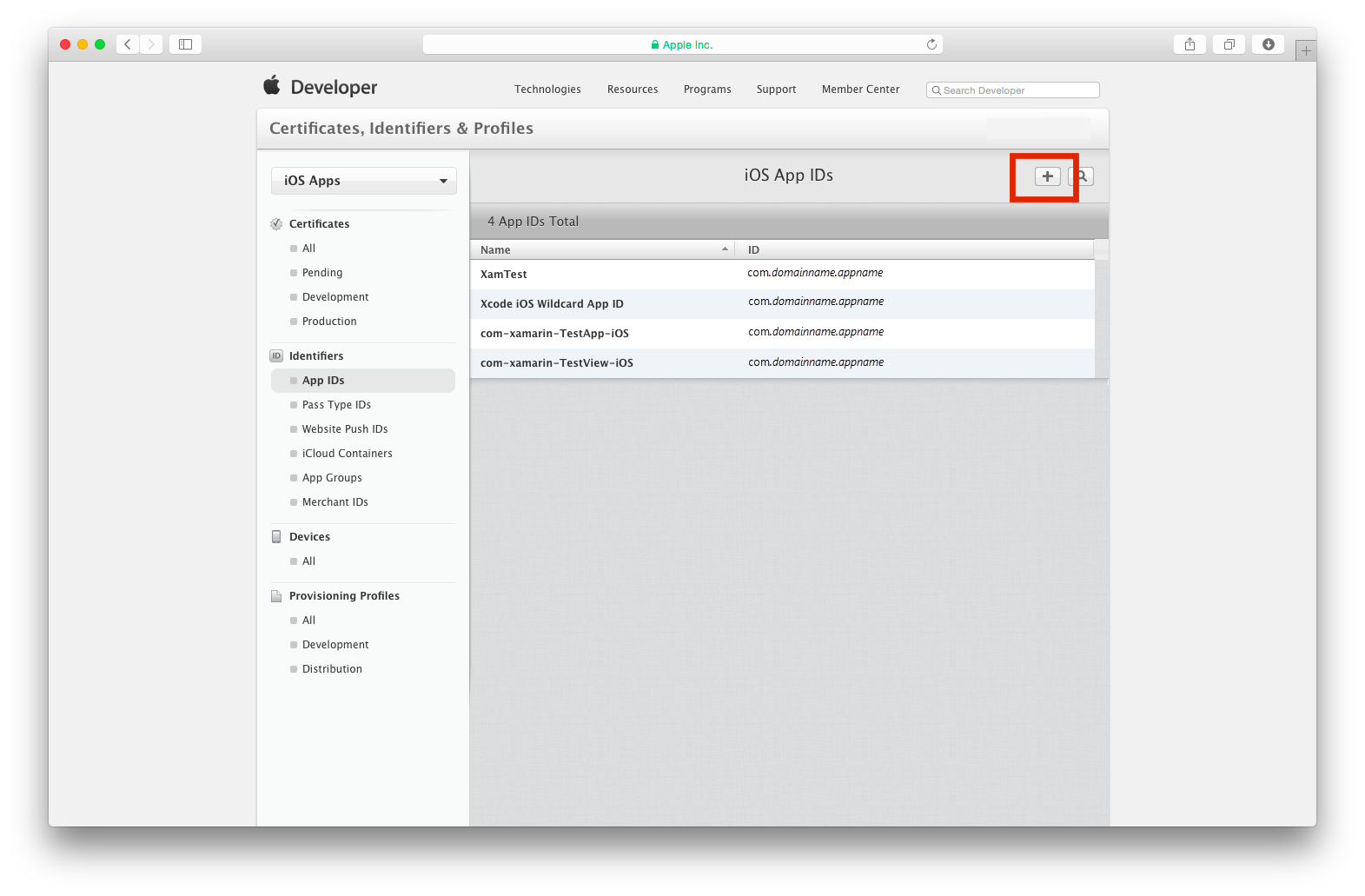 Navigate to the App IDs section and create a new app ID