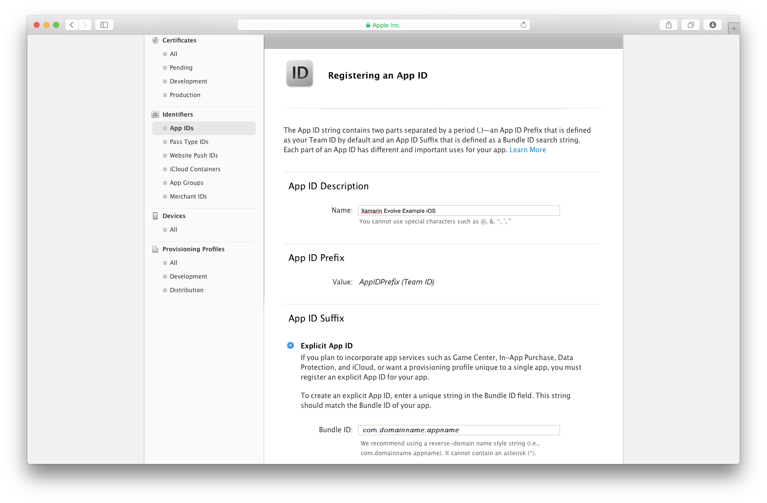 Enter the description and a Bundle Identifier for the app ID