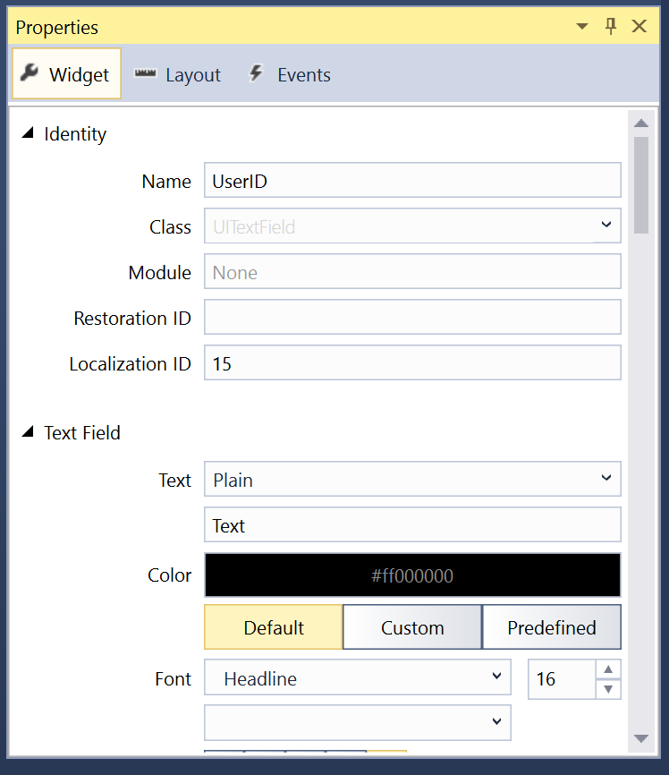 The Widget tab where you can enter a Name for each text field.