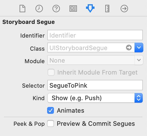 Click on the Segue and give it the Identifier SegueToPink