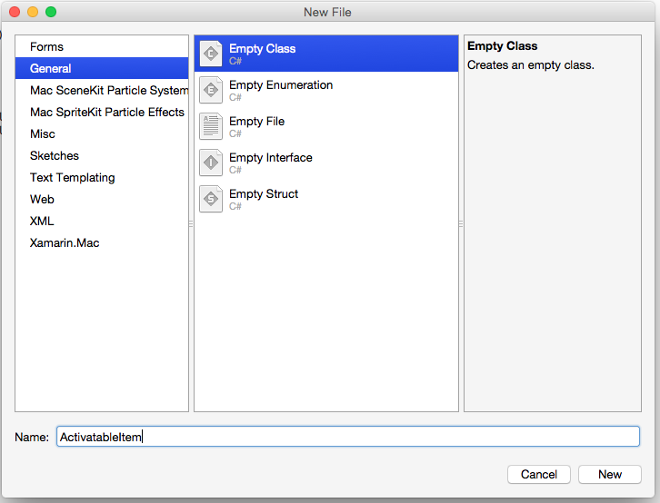 Adding an empty class in Visual Studio for Mac