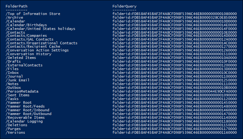 Example of the list of mailbox folders and folder IDs returned by the script.