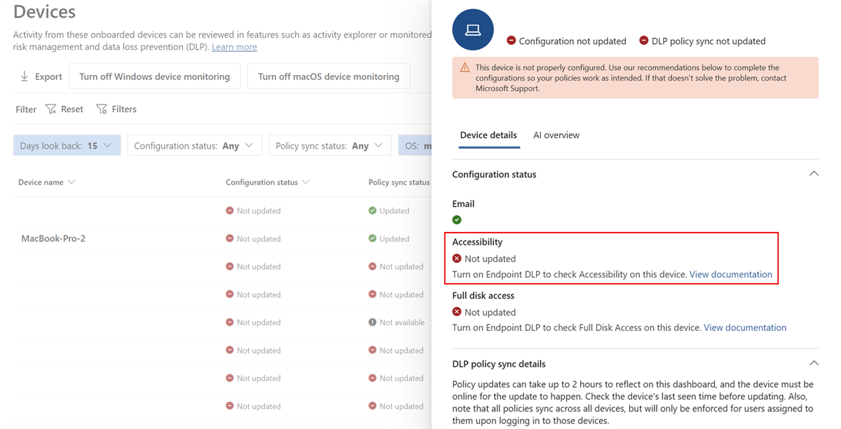 Screenshot of Microsoft Purview device details showing Accessibility with a Not updated status.
