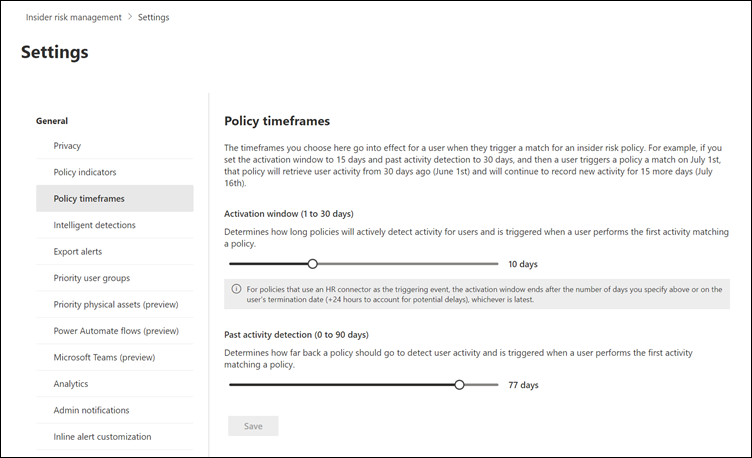 Insider risk management timeframe settings.