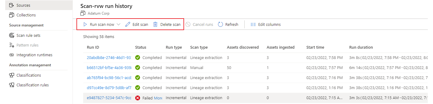 Screenshot that shows options for running, editing, and deleting a scan.