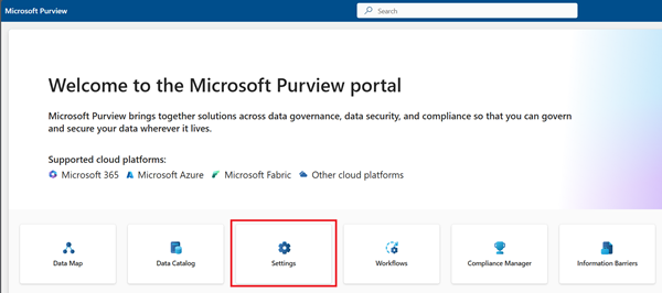 Screenshot of the settings solution highlighted on the Microsoft Purview portal main page.