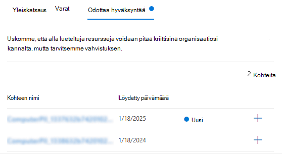Näyttökuva resurssien hallinnan odottavasta hyväksyntävälilehdestä.