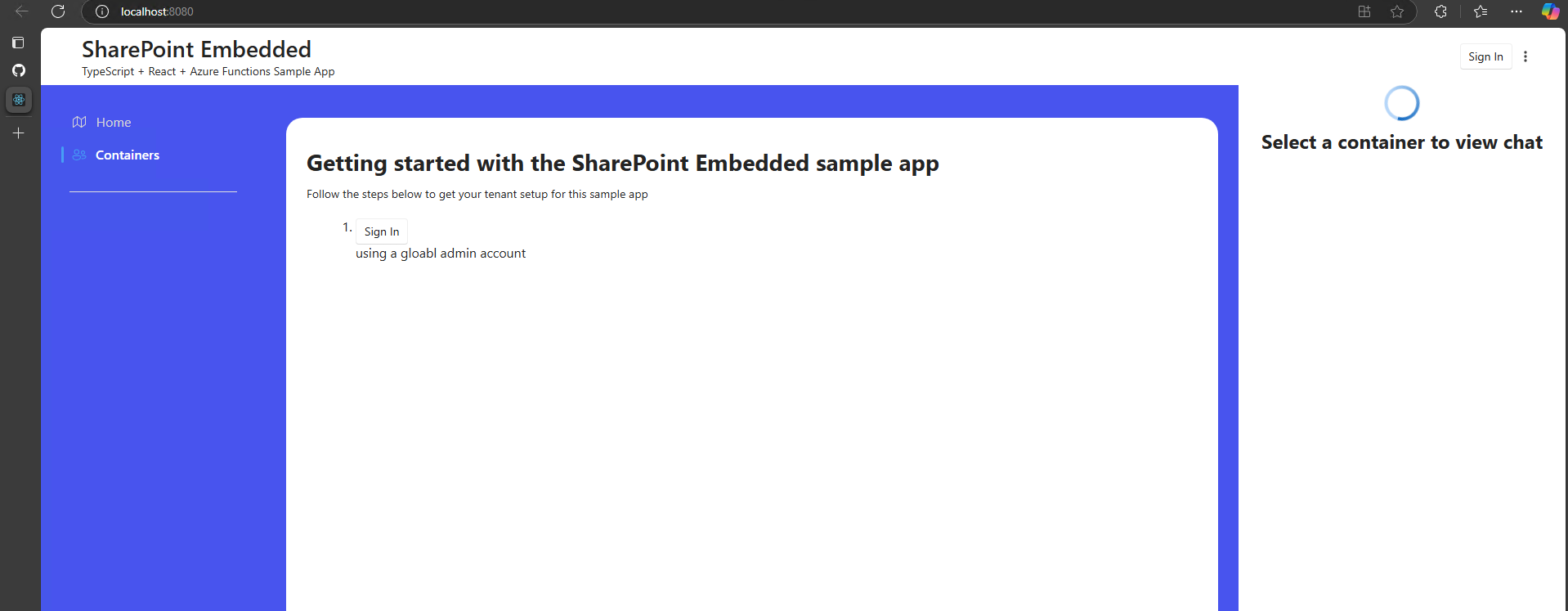SPE Typescript App running in Edge with sign in buttons