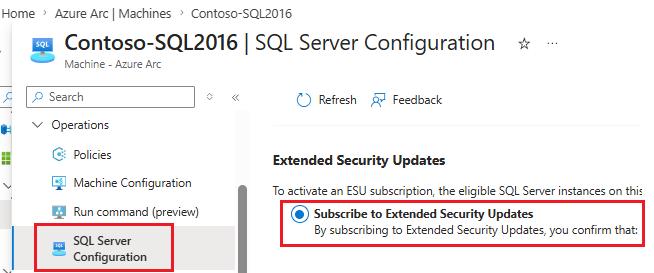 Screenshot of the SQL Server Configuration pane, with the Subscribe to Extended Security Updates option highlighted.