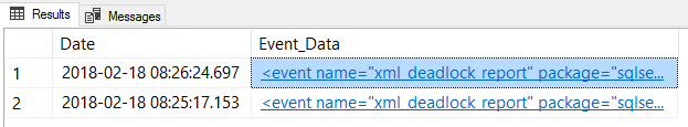 Screenshot from SSMS of the system_health xEvent query result.