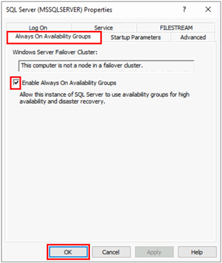 Screenshot that shows the properties for Always On availability groups.