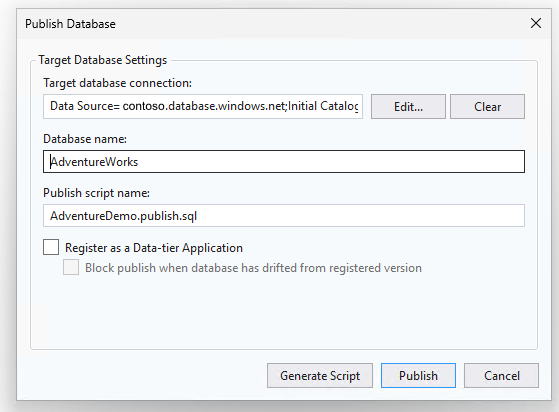 Screenshot of the Publish dialog for deploying SQL database project changes.