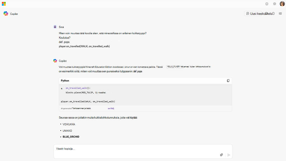 Näyttökuva kehotteesta, jossa pyydetään Copilot for Minecraft Education -koodia. Valitse seuraava linkki helppokäyttöistä PDF-versiota varten.