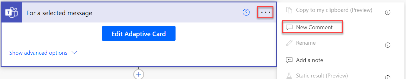 Screenshot showing the New Comment button highlighted on an action step or trigger.