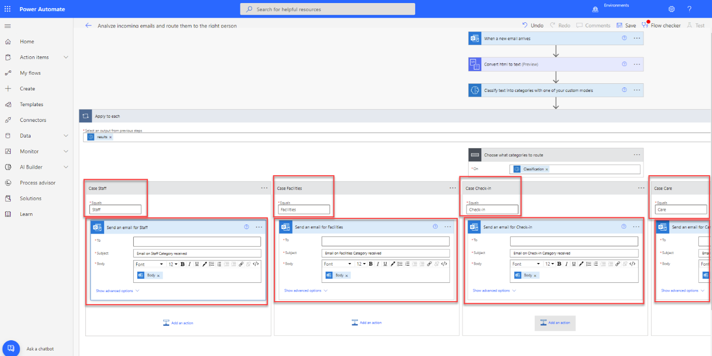 Screenshot of the selected flow in Power Automate Studio with a highlight on the different case options and email action.