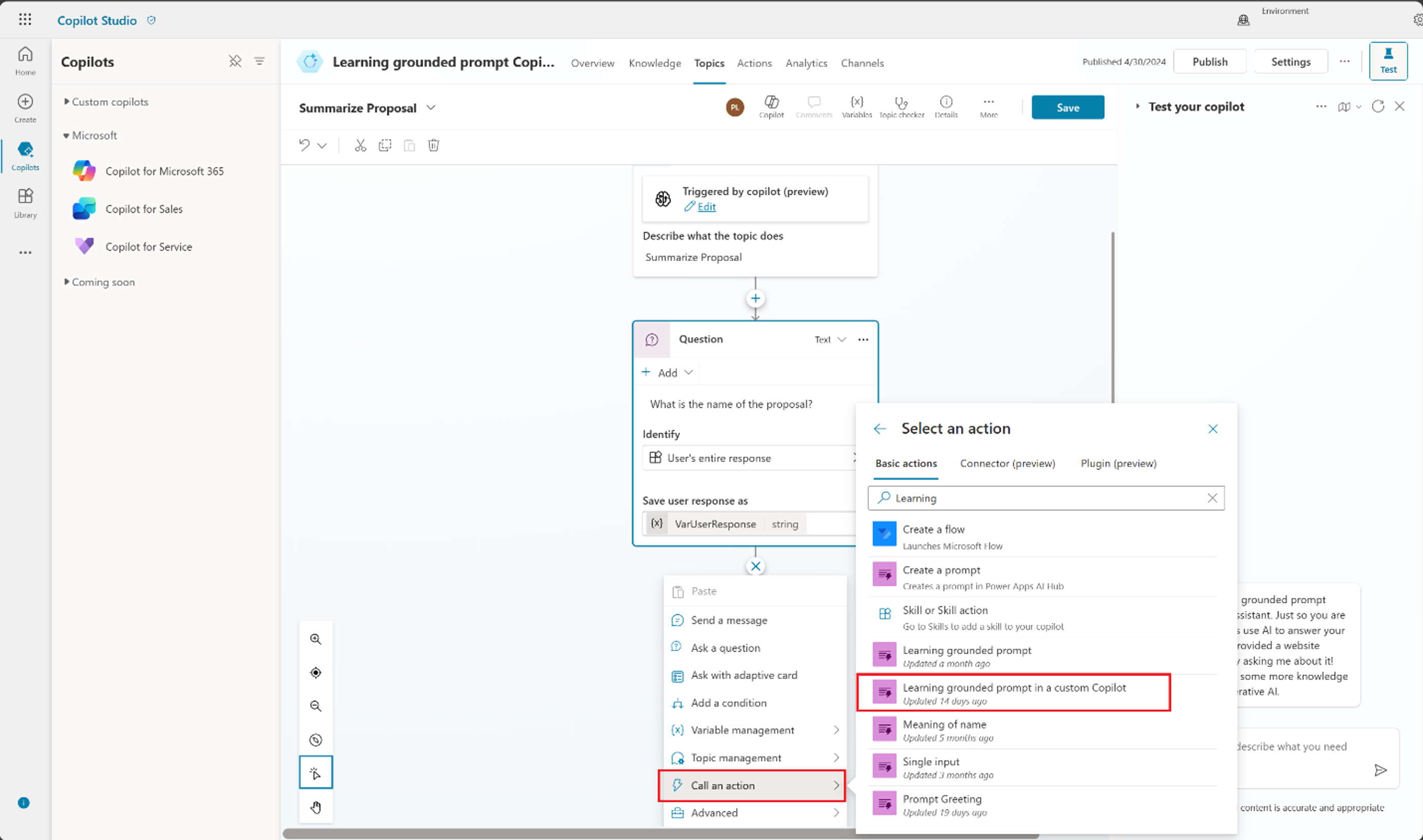 Screenshot of the trigger with Call an action and the action highlighted.