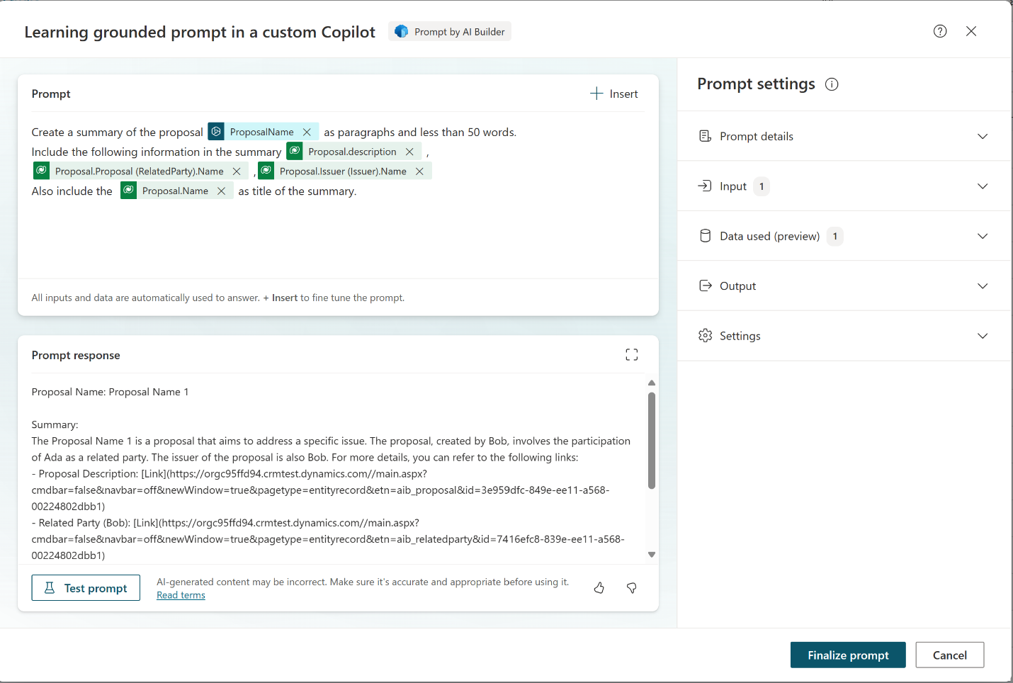 Screenshot of the prompt from Copilot Studio.