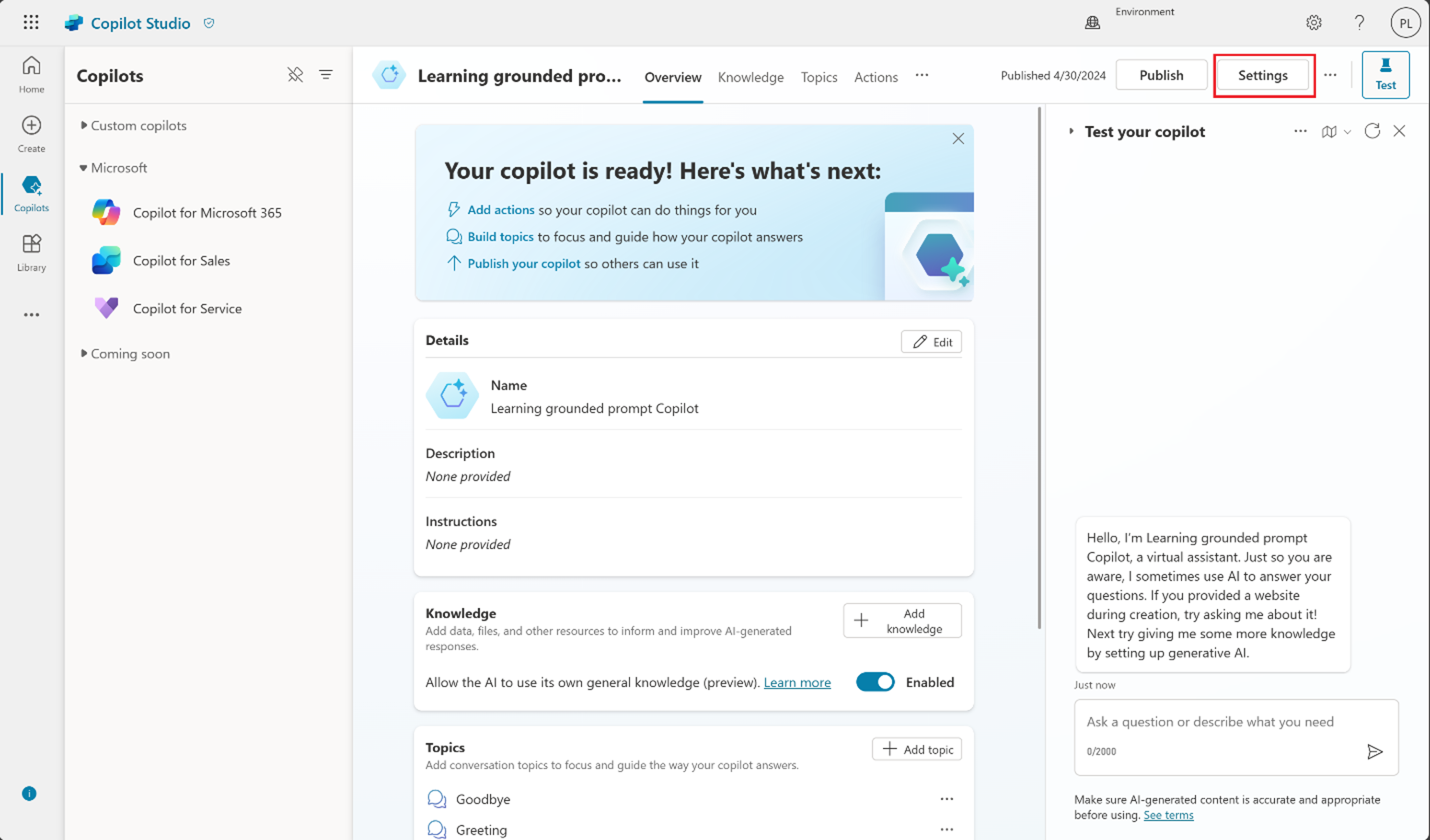 Screenshot of Copilot Studio with the Settings button highlighted.