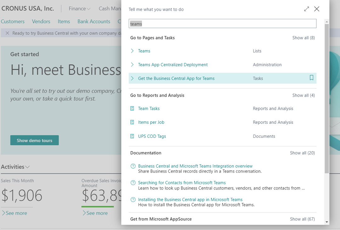 Screenshot showing the Business Central App for Teams.