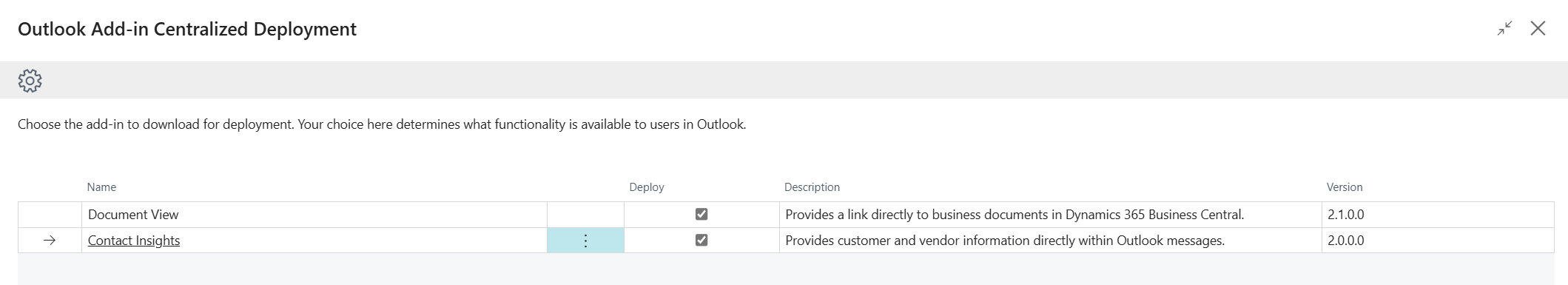 Screenshot of the Centralized Add-In Centralized Deployment page in Business Central.
