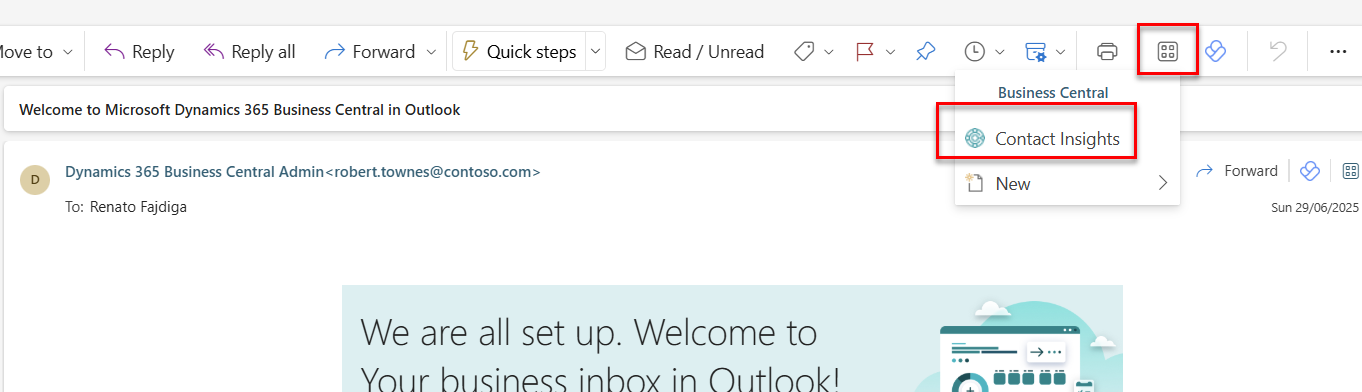 Screenshot of the Contact Insights option for Business Central.