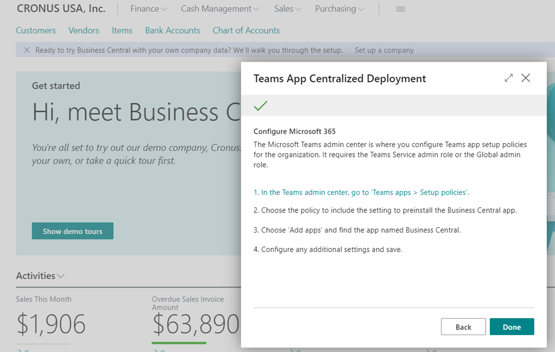 Screenshot showing a successful Teams App Centralized Deployment.