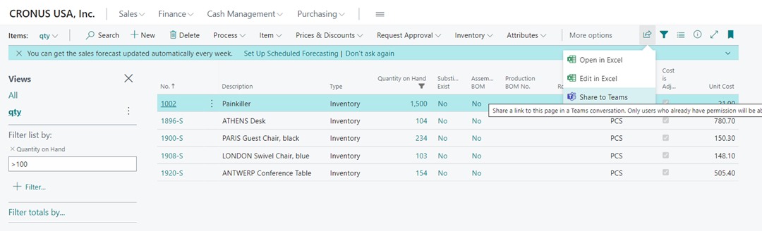 Screenshot showing the Share to Teams option in filtered records.