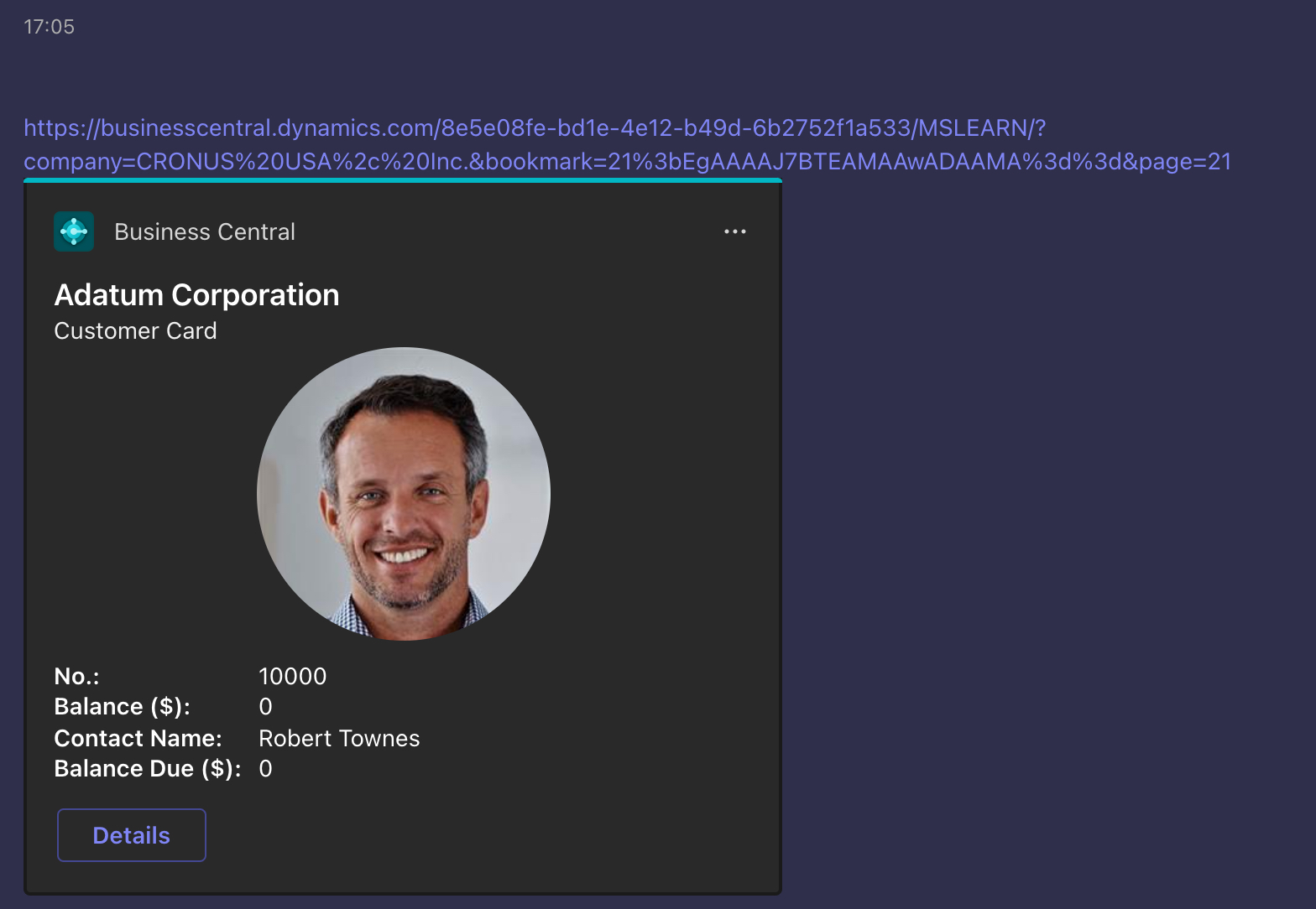 Screenshot of Microsoft Teams showing the General tab of Business Central Collaboration with a shared link.