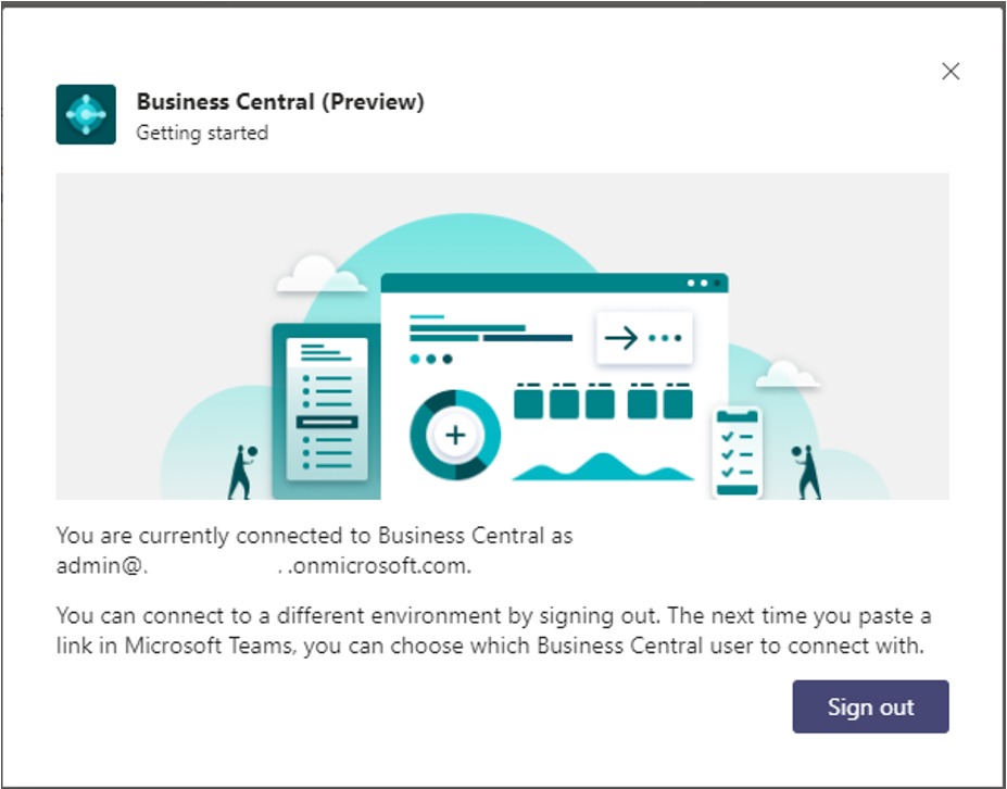 Screenshot of the Business Central app dialog box after sign-in.