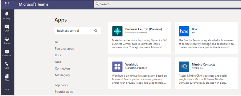 Screenshot of the Apps screen in Microsoft Teams showing search results for Business Central.