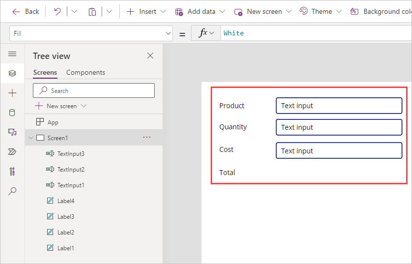 Screenshot of Power Apps Treeview Screen1 text inputs.