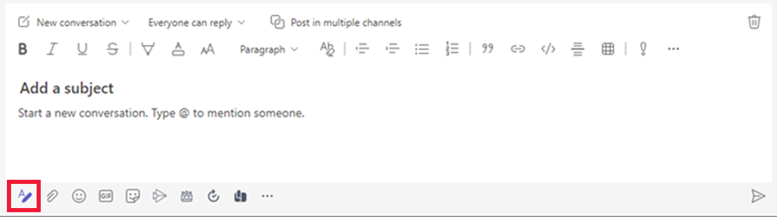 Screenshot of the message with Add a subject entry field and the format button highlighted.