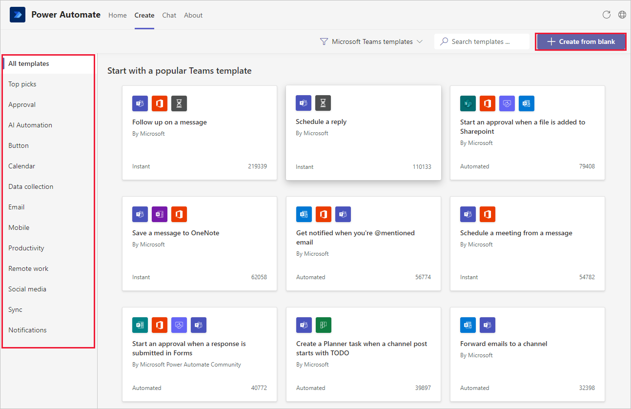 Screenshot of Power Automate Create screen with Create from Blank highlighted.