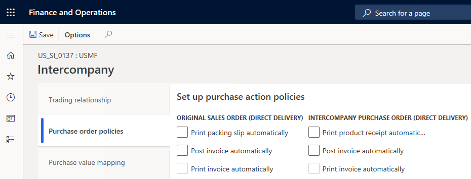 Screenshot of the direct delivery parameters on the Set up purchase action policies page.