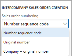 Screenshot of the Sales order numbering dropdown list.