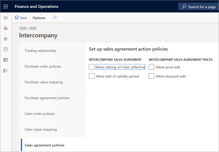 Screenshot of the Sales agreement policies tab on the Set up sales agreement action policies page.