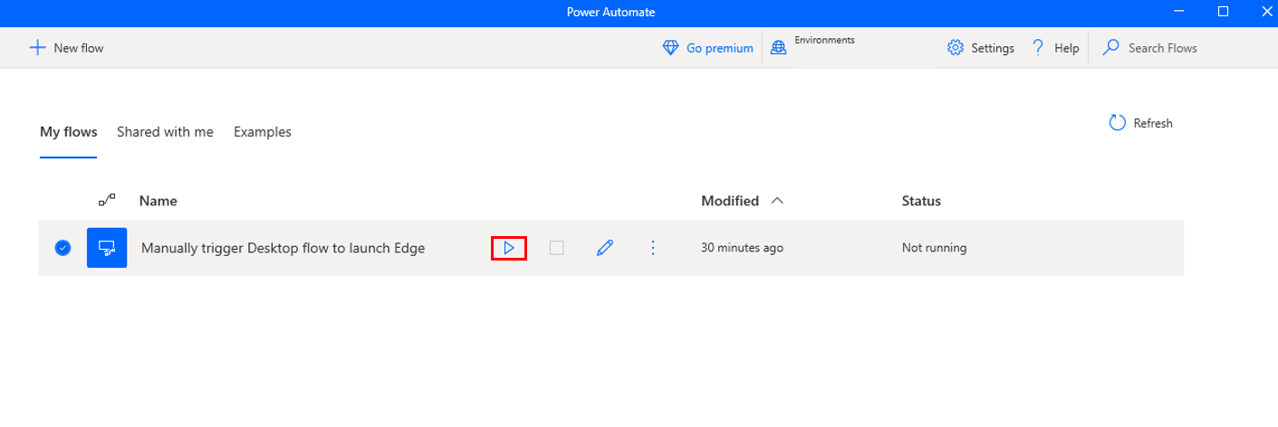 Screenshot of the Manually trigger Desktop flow to launch Edge option selected to test the flow.