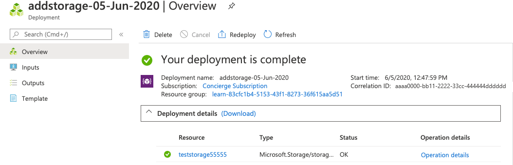 Näyttökuva azure-portaalin käyttöliittymästä tiettyä käyttöönottoa varten, jossa näkyy yksi resurssi.