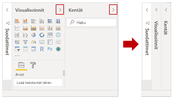 Voit kutistaa tai laajentaa Visualisoinnit- ja Kentät-ruudut.