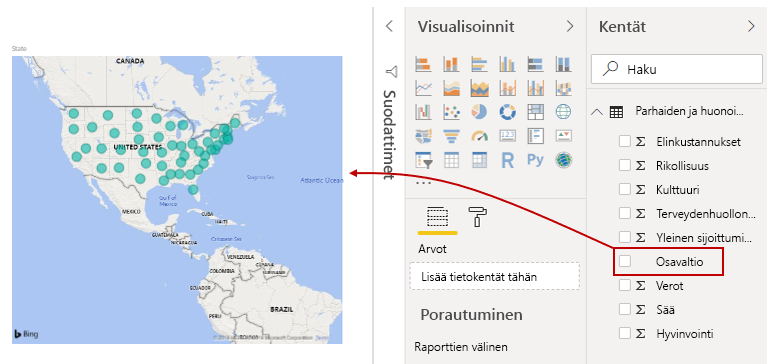 Luo visualisointi vetämällä kenttä raporttinäkymän pohjaan.