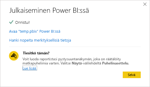 Näyttökuva Julkaiseminen Power BI:hin -onnistumisviestistä.