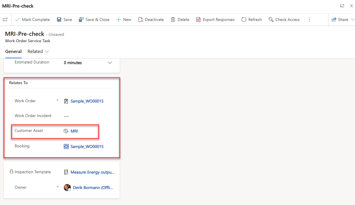 Screenshot of the Work Order Service Task showing the Service Task Relates To section, highlighting an associated customer asset.