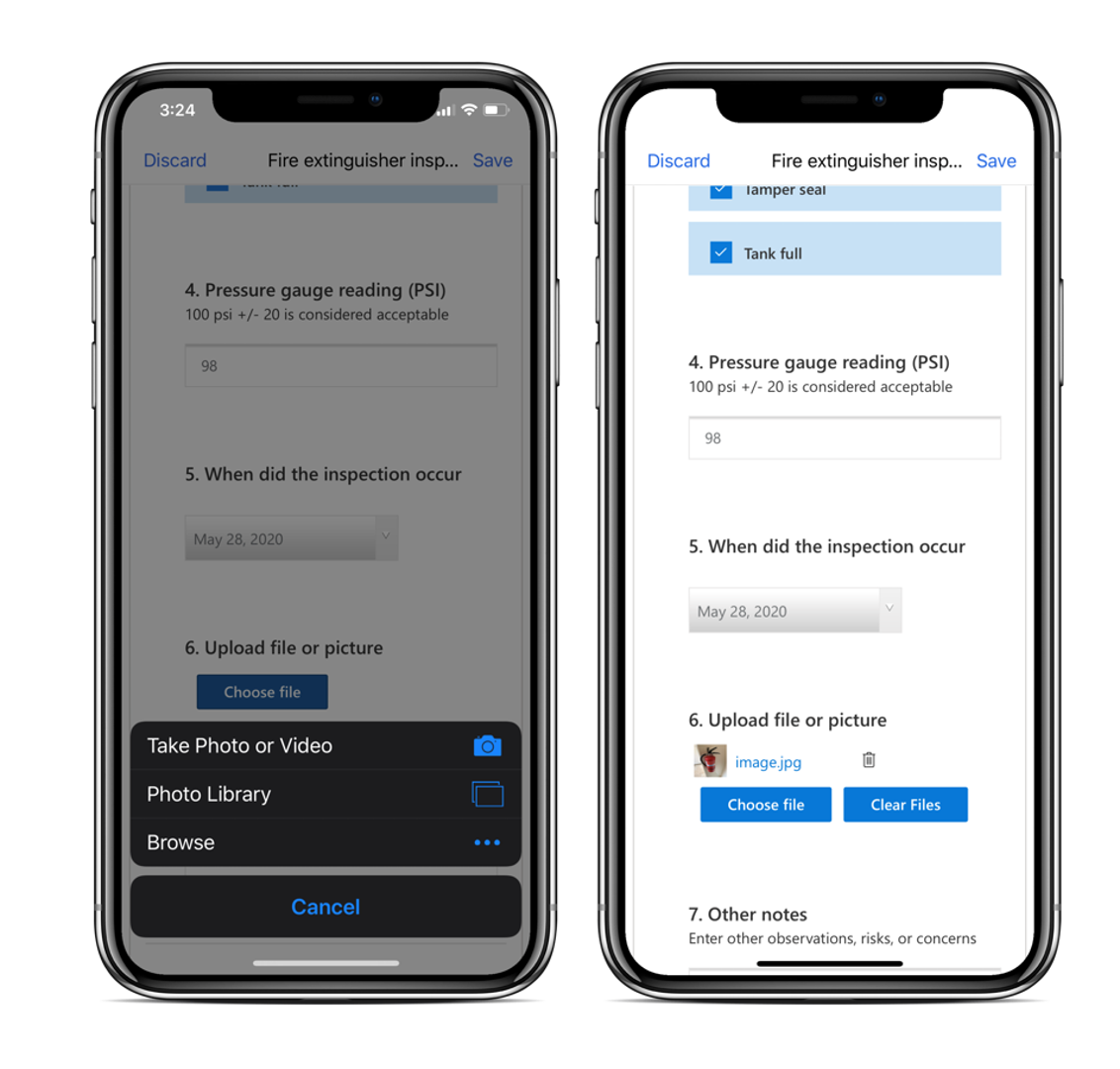 Screenshot of uploading a file in the inspection form in the mobile app.
