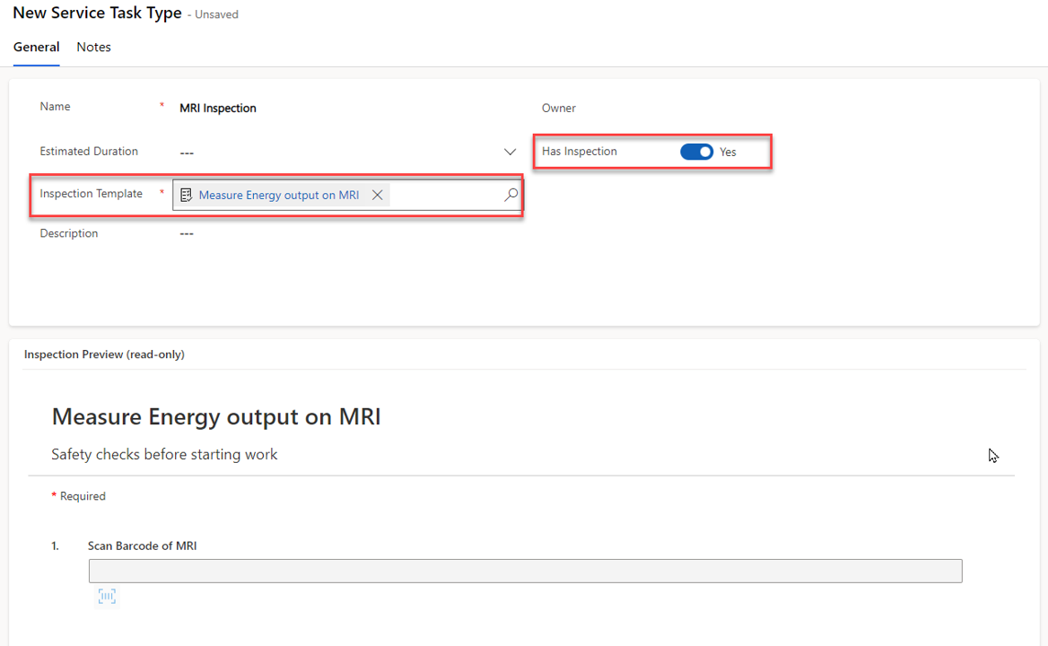 Screenshot showing the service task type with inspection selected.