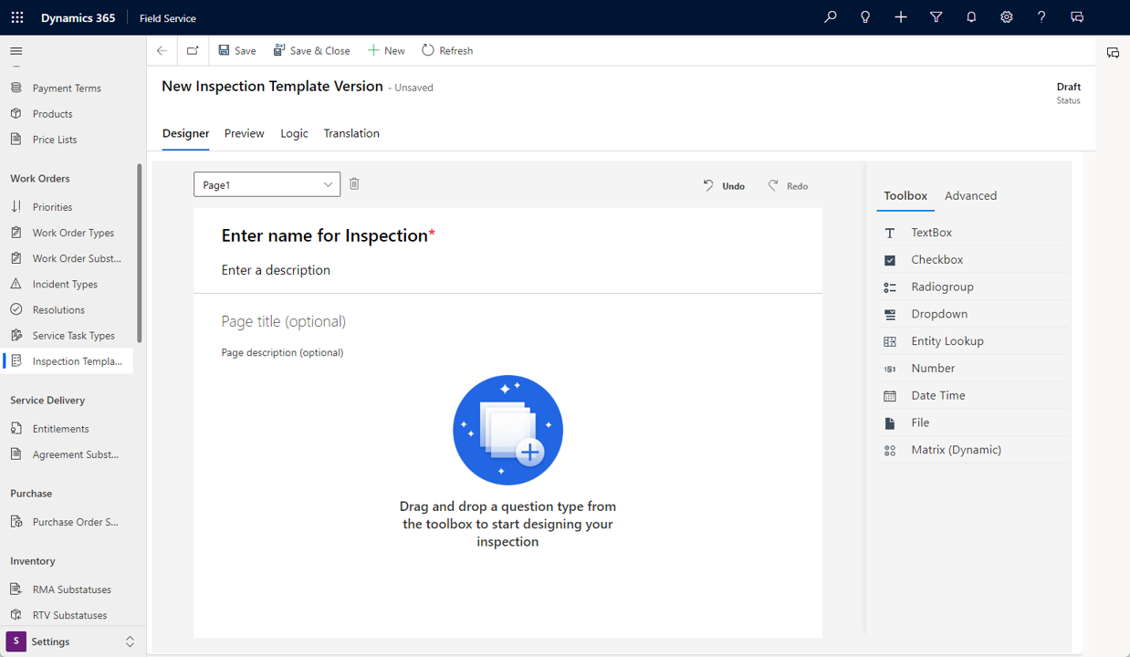 Screenshot of the New Inspection Template Version window.
