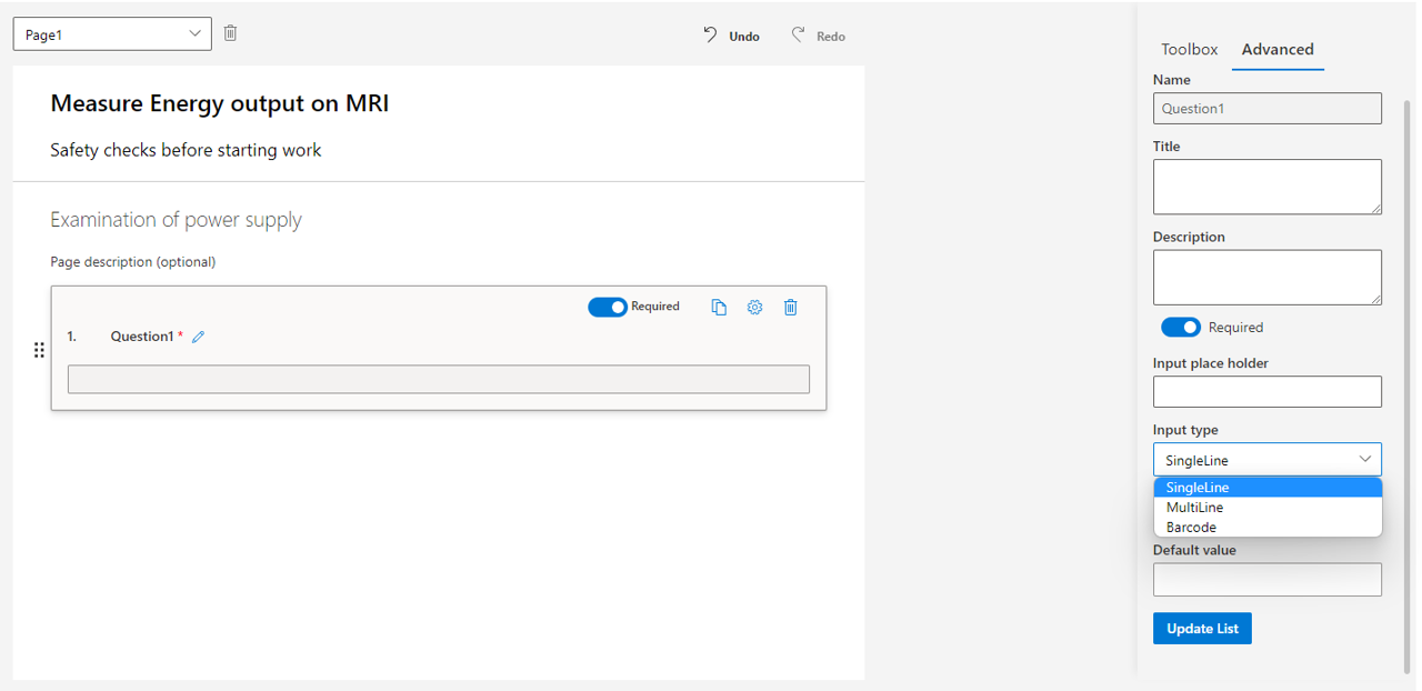 Screenshot of the inspection template with a textbox question type.