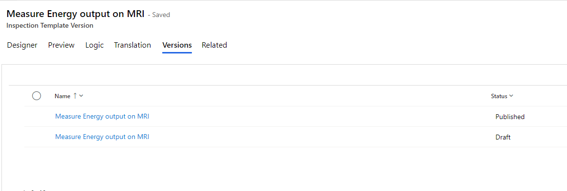 Screenshot of a sample inspection versions template.
