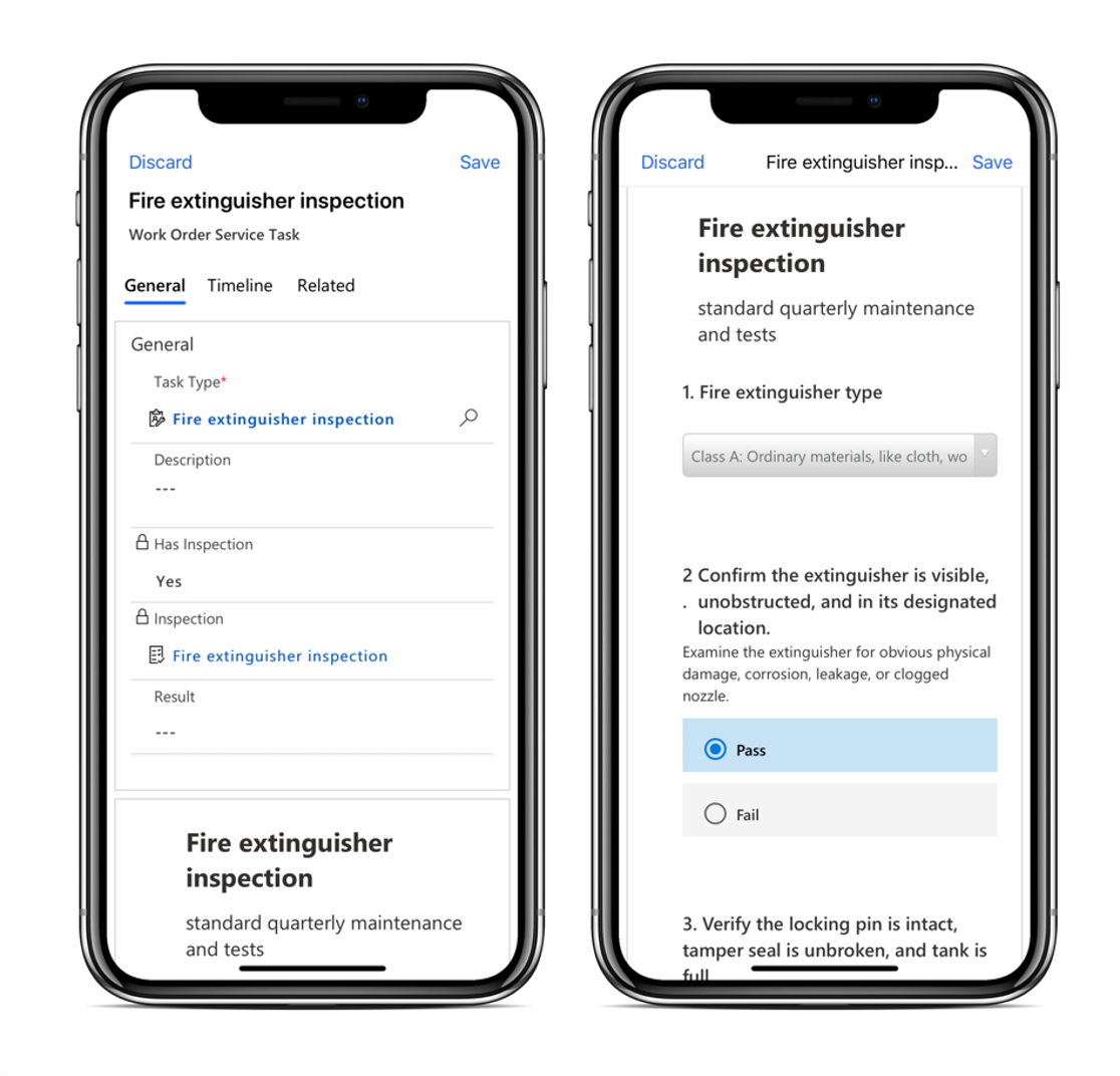 Screenshots of the Work Order Service Task, showing the General tab and inspection.