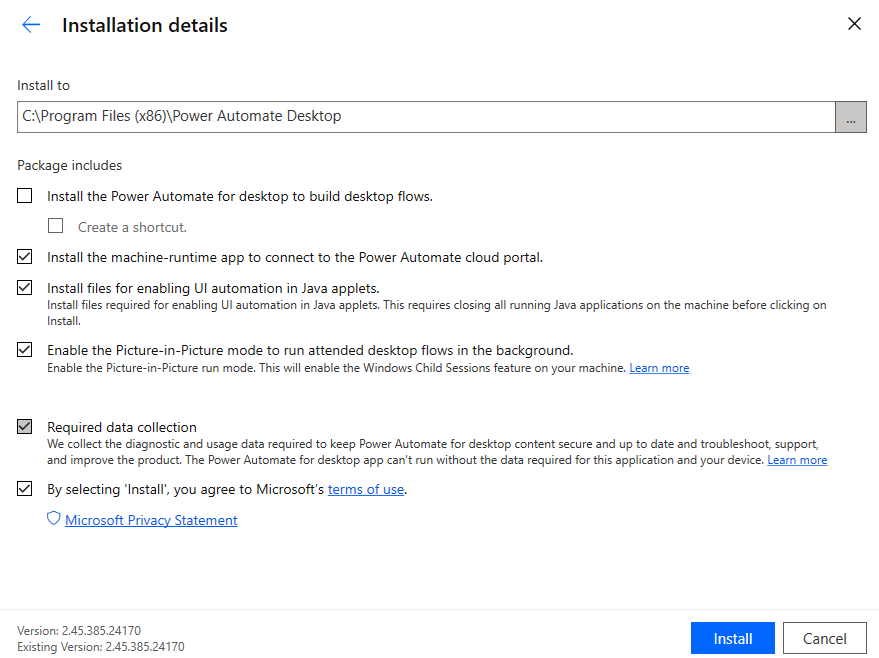Screenshot of the installation details and the Install button.